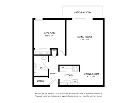 Floor plan for 1 bed, 1 bath, 690 sqft